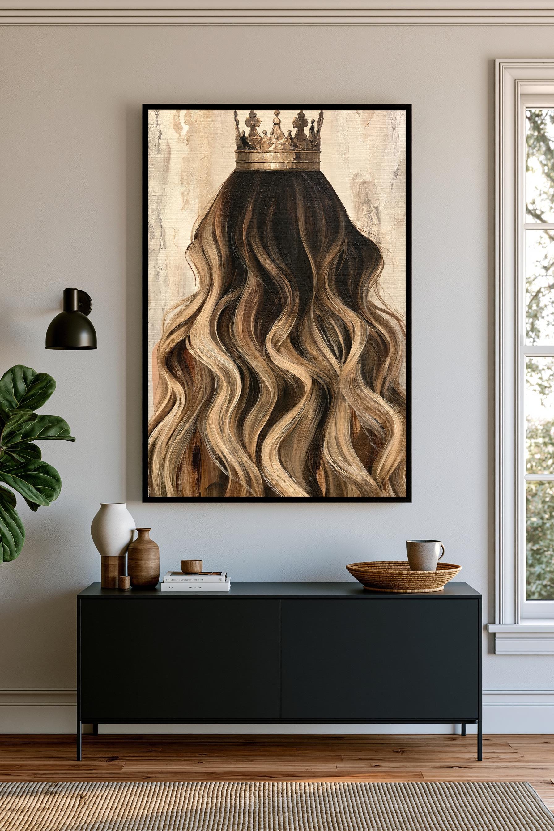 a large framed painting of a woman's long, wavy hair with a crown on her head, hanging on a wall above a black console table with various decorative items on it.