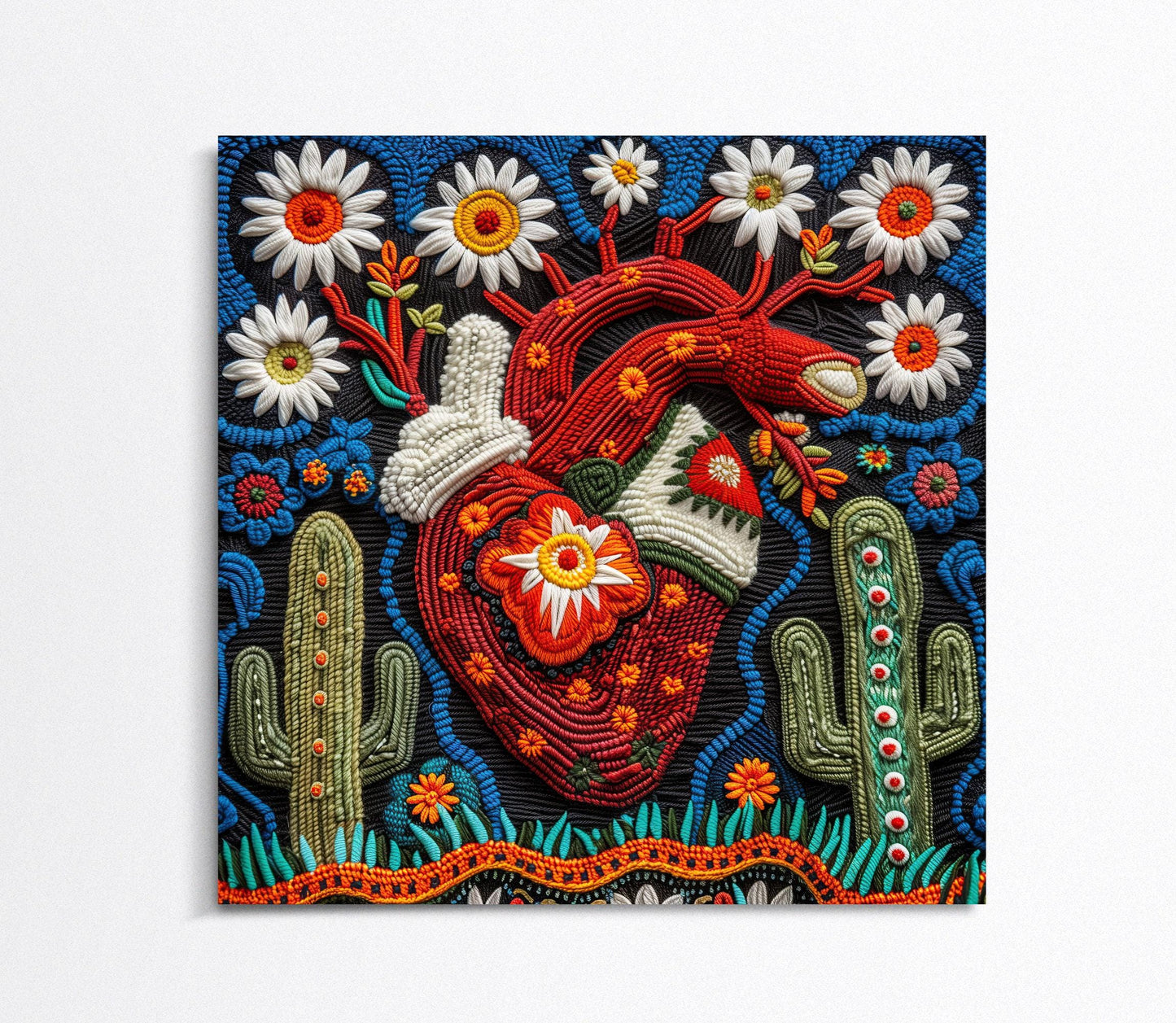 a painting of a heart surrounded by flowers and cacti