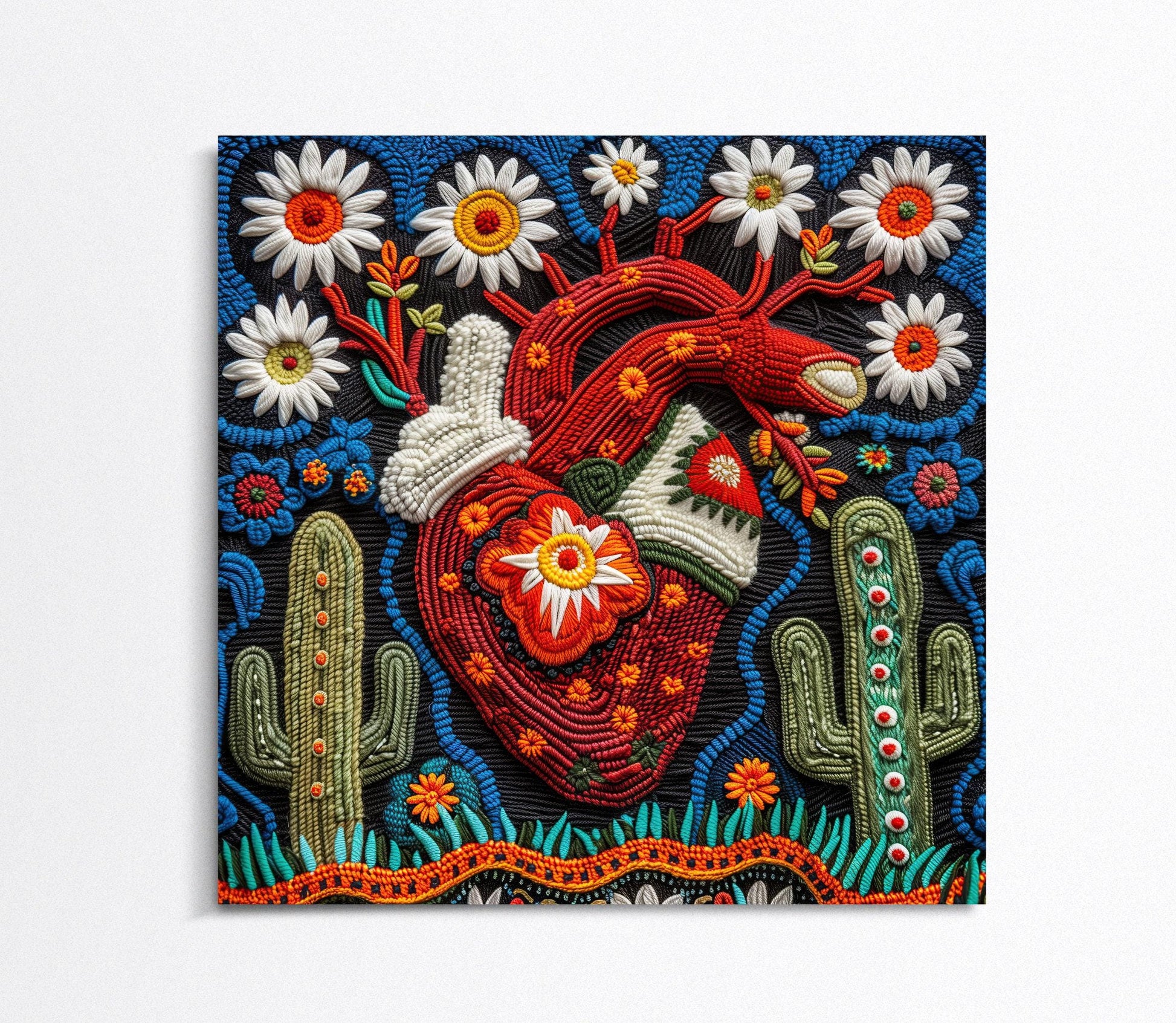 a painting of a heart surrounded by flowers and cacti