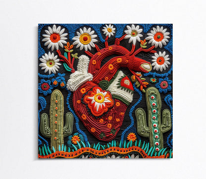 a painting of a heart surrounded by flowers and cacti