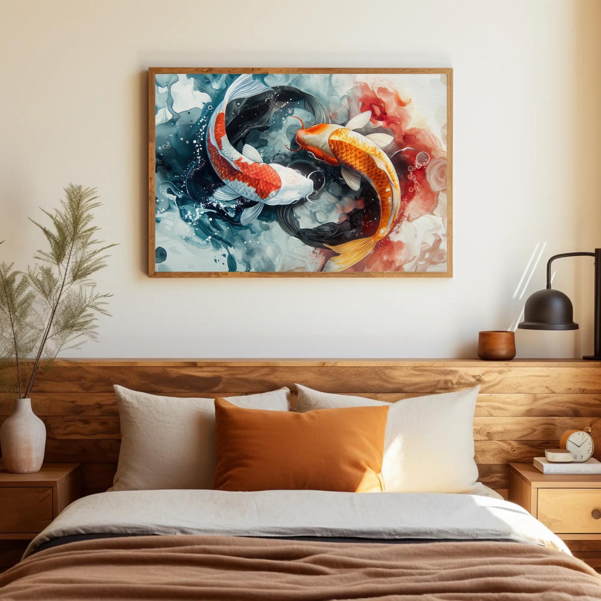 Koi Fish Watercolor canvas wall art shown above a bed