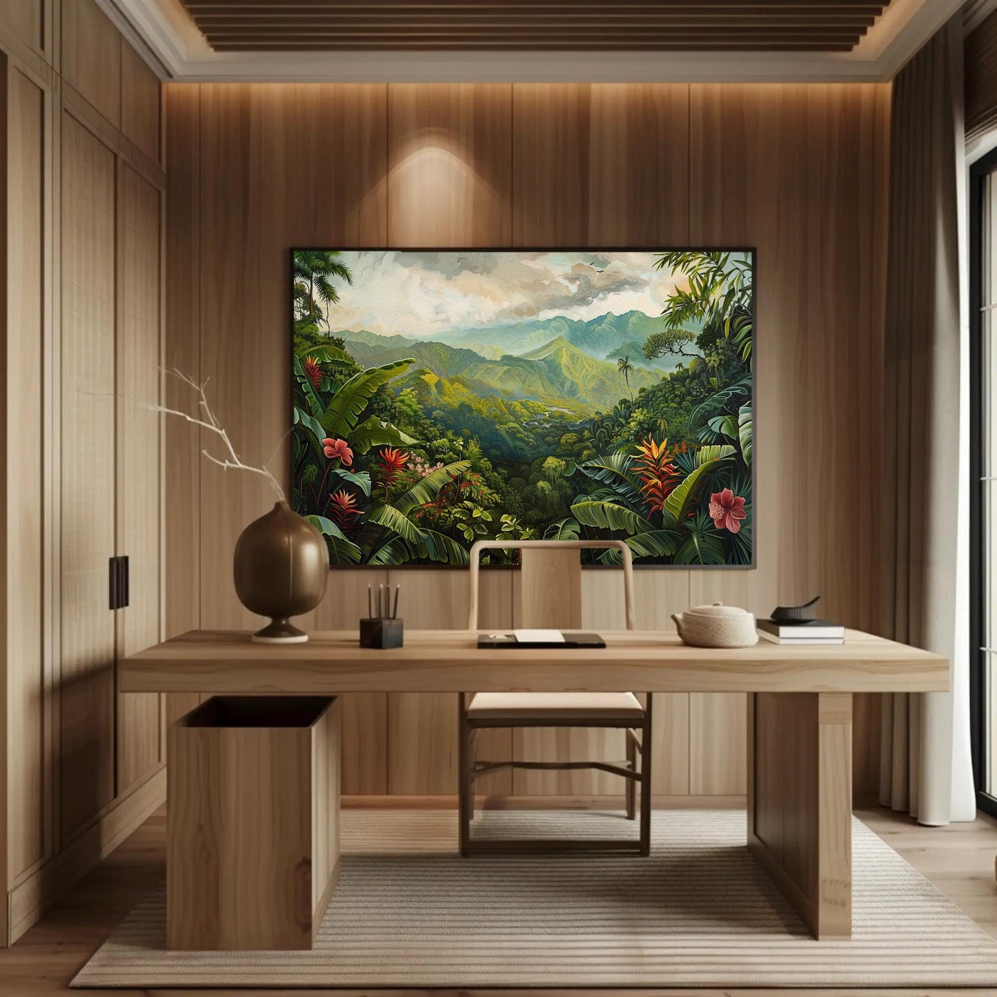 Costa Rica Tropical , Pura Vida Jungle canvas wall art shown above a desk