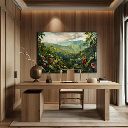 Costa Rica Tropical , Pura Vida Jungle canvas wall art shown above a desk
