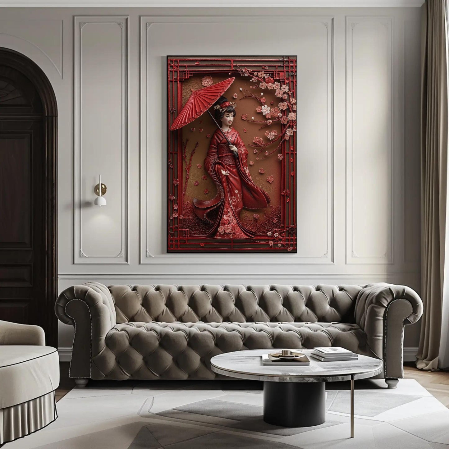3D Geisha canvas wall art shown in a living room (view 2)