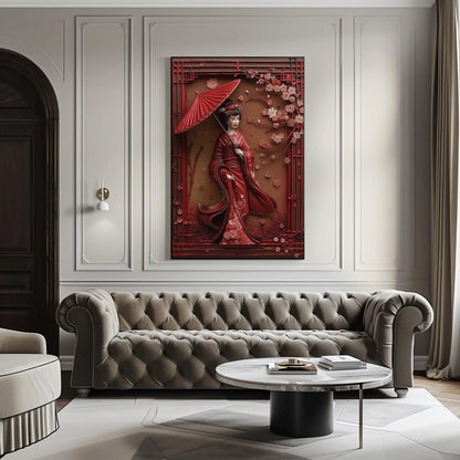 3D Geisha canvas wall art shown in a living room (view 2)