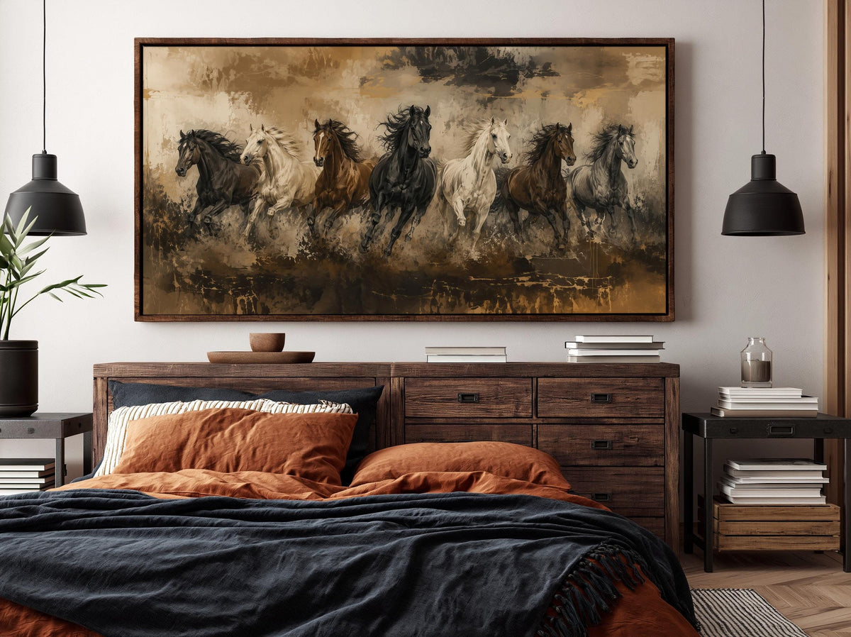 Seven running horses panoramic canvas wall art, black, white and chestnut horses galloping through dust