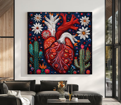 Huichol Flowering Cactus Canvas, Indigenous Mexican Art