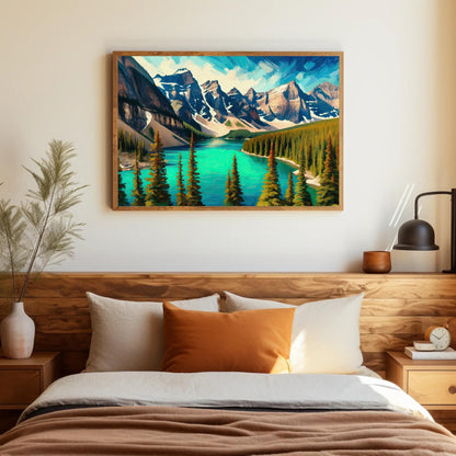 Moraine Lake Oil Painting canvas wall art shown in a bedroom