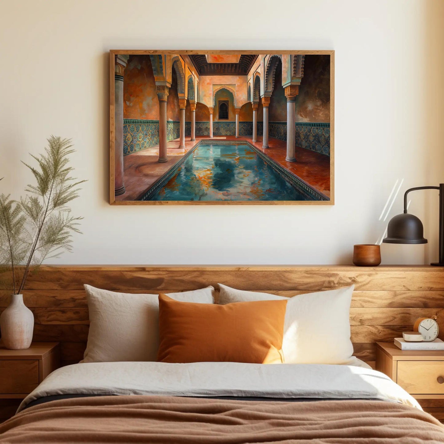Moroccan Bath House canvas wall art shown in a bedroom