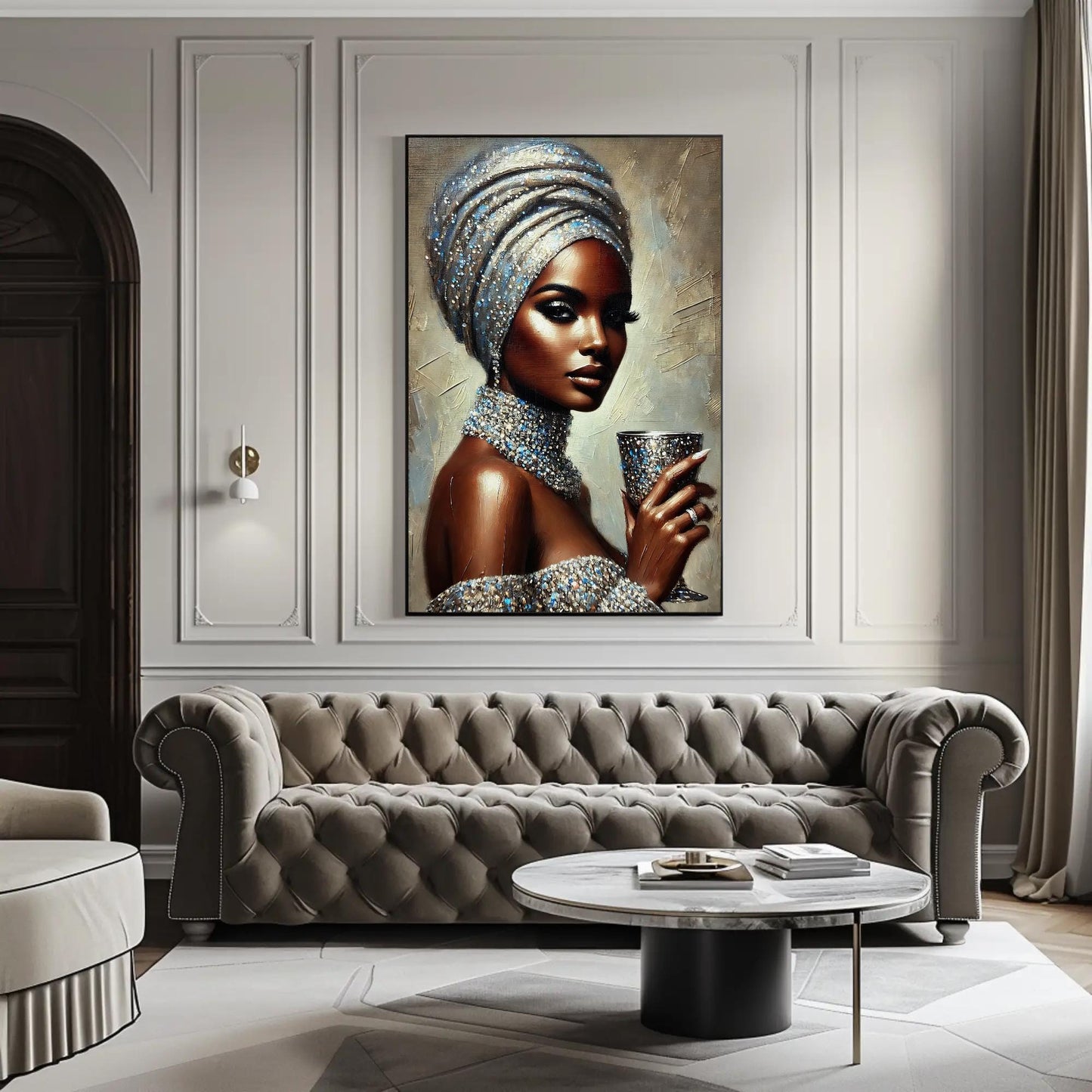 a painting of a woman in a turban holding a cup