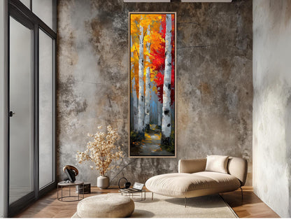 a living room with a couch and a painting on the wall
