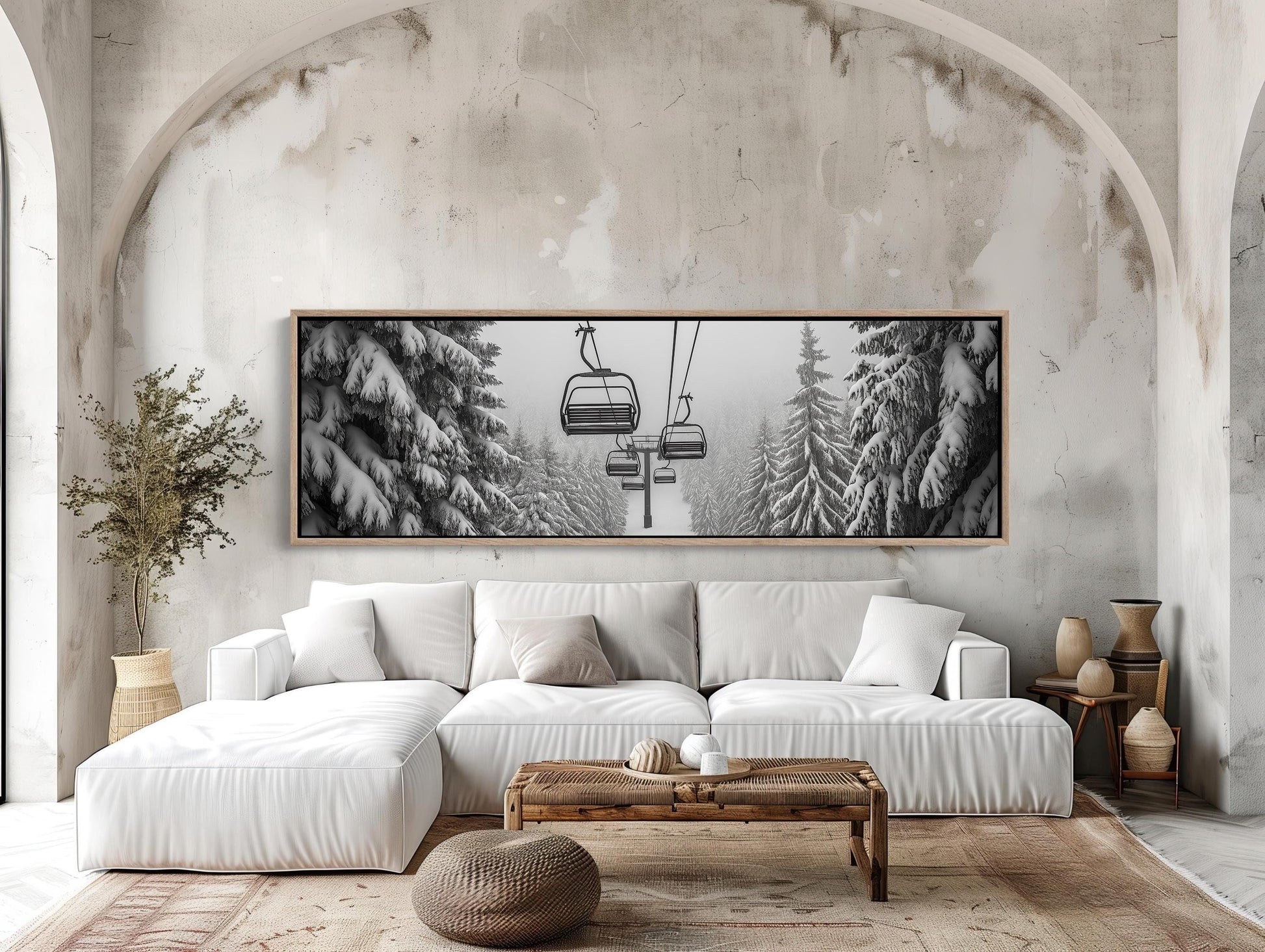 Ski Lift Canvas Print, Panoramic Winter Mountain Wall Art Decor