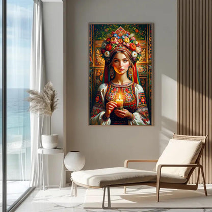 Ukrainian girl with candle canvas wall art, painting of a woman holding a lit candle