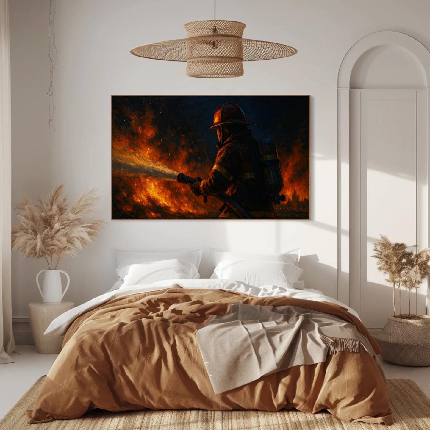 Firefighter canvas wall art shown above a bed