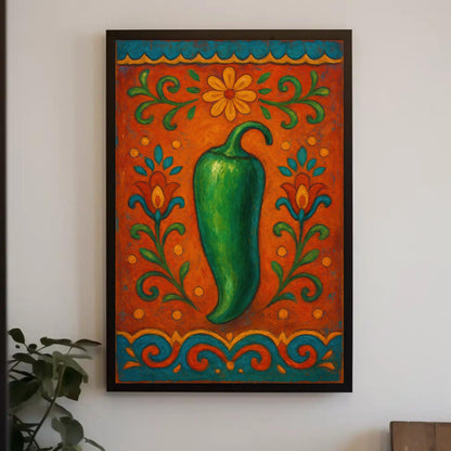 Mexican Folk Art Canvas, Vibrant Chili Pepper Print, Rustic Kitchen Decor