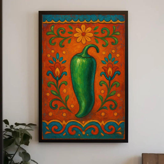 a painting of a green chili on a white wall