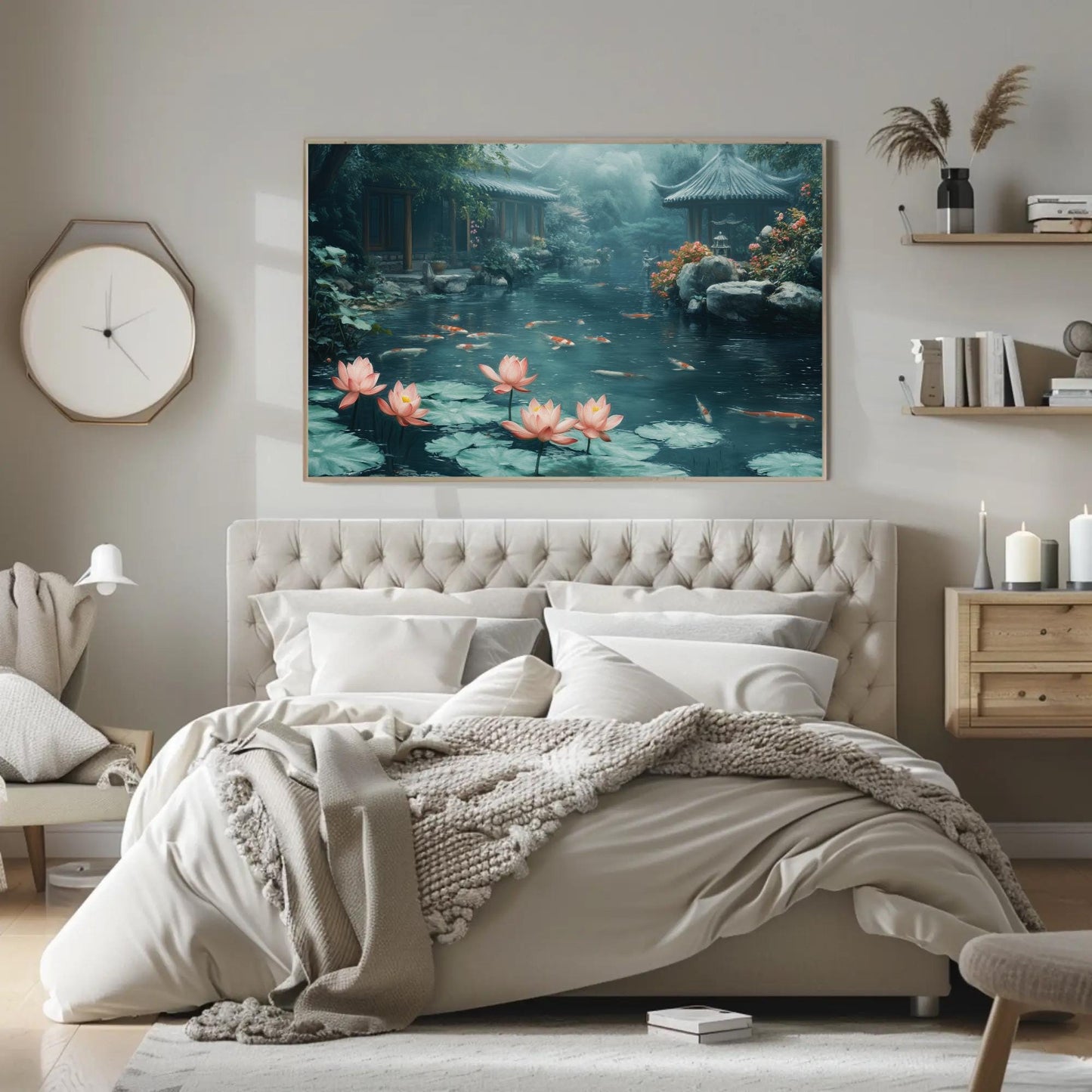 Koi Fish Pond canvas wall art shown in a bedroom