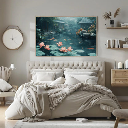 Koi Fish Pond canvas wall art shown in a bedroom