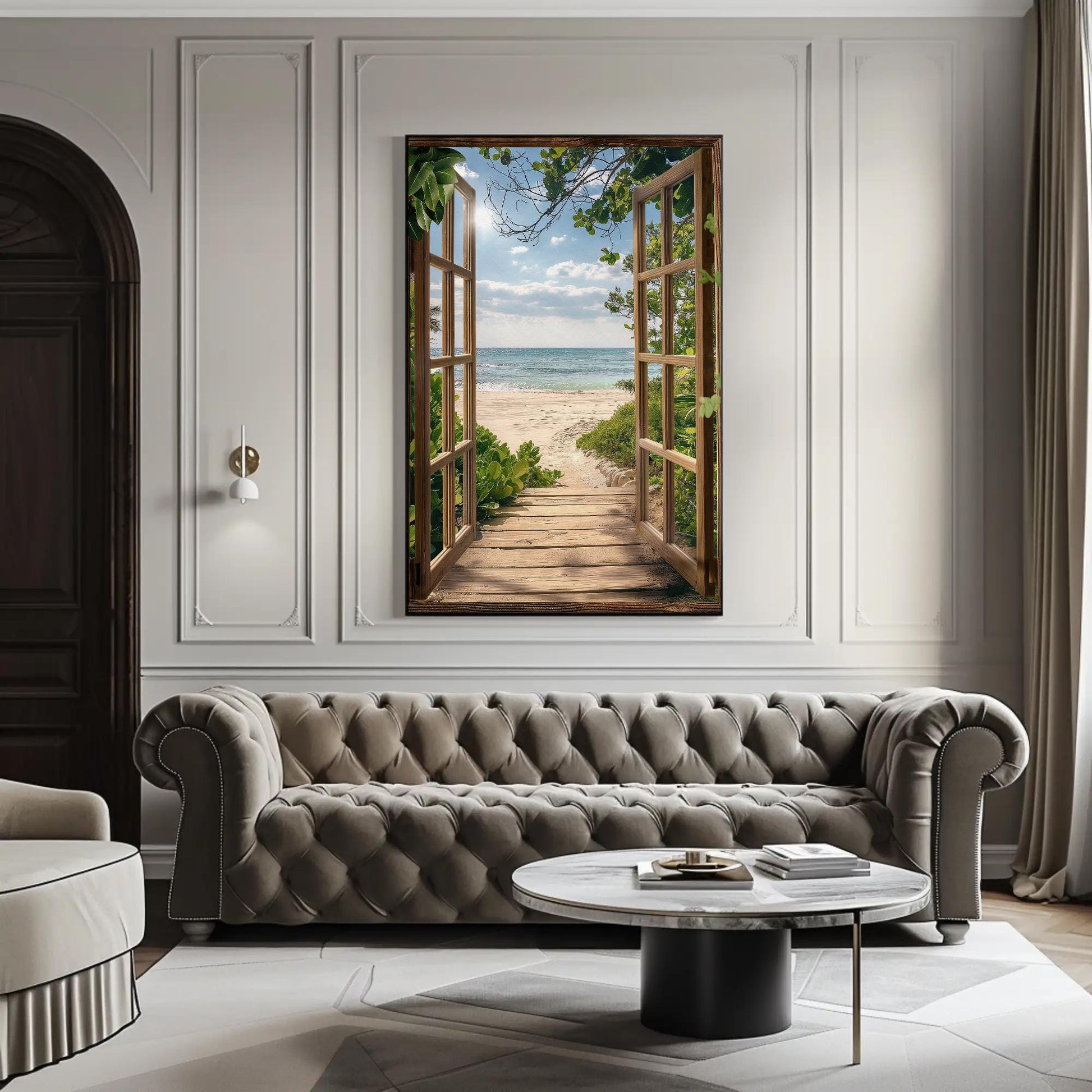 3D Faux Window Beach , Coastal Pathway canvas wall art shown in a living room (view 2)