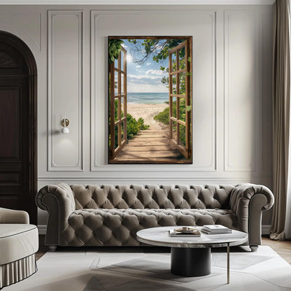 3D Faux Window Beach , Coastal Pathway canvas wall art shown in a living room (view 2)