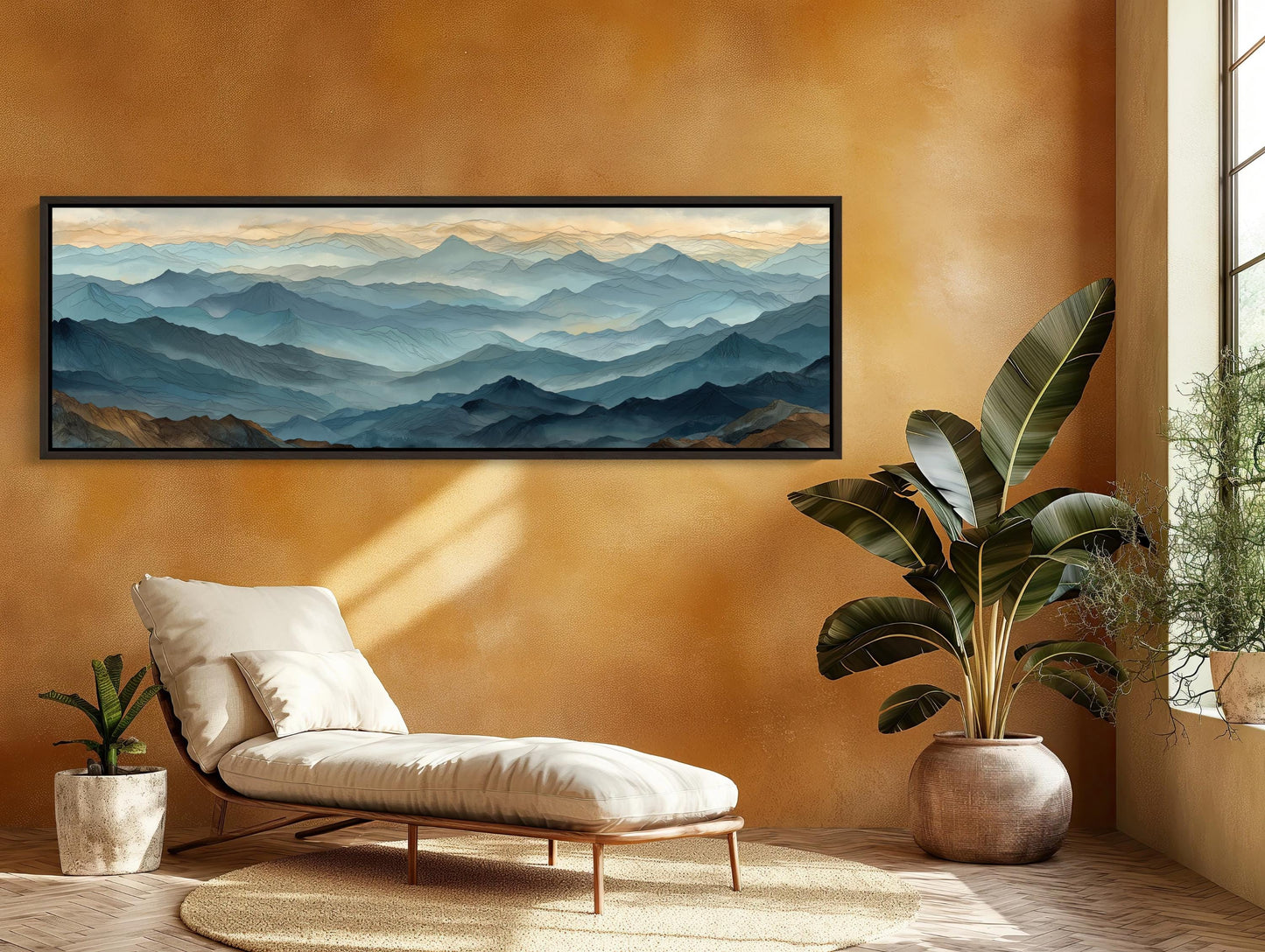 Misty Mountain , Japandi Panoramic Landscape canvas wall art shown in a living room (view 3)