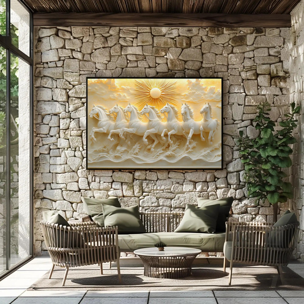 a modern living room with a stone wall, a large framed artwork depicting a group of white horses running, and a seating area with wicker chairs and a coffee table.