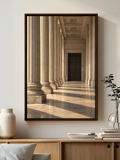 a grand, classical-style hallway with tall, slender columns leading to a dark wooden door, creating a sense of depth and perspective.