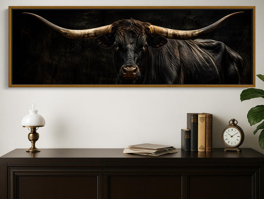 Texas longhorn portrait canvas wall art, large framed picture of a bull with long horns, displayed on a wall above a wooden