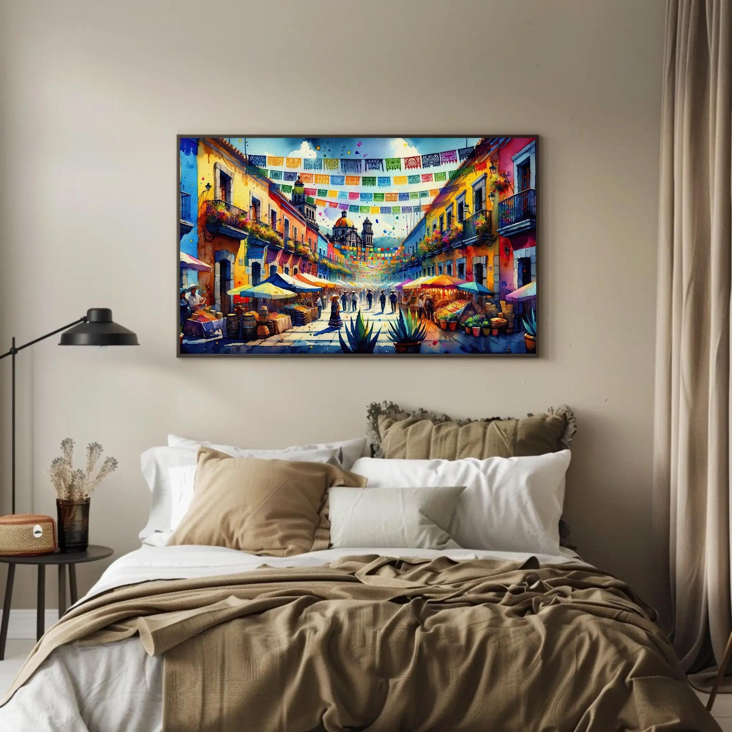 Mexican Street Scene , Traditional Pueblo canvas wall art shown above a bed