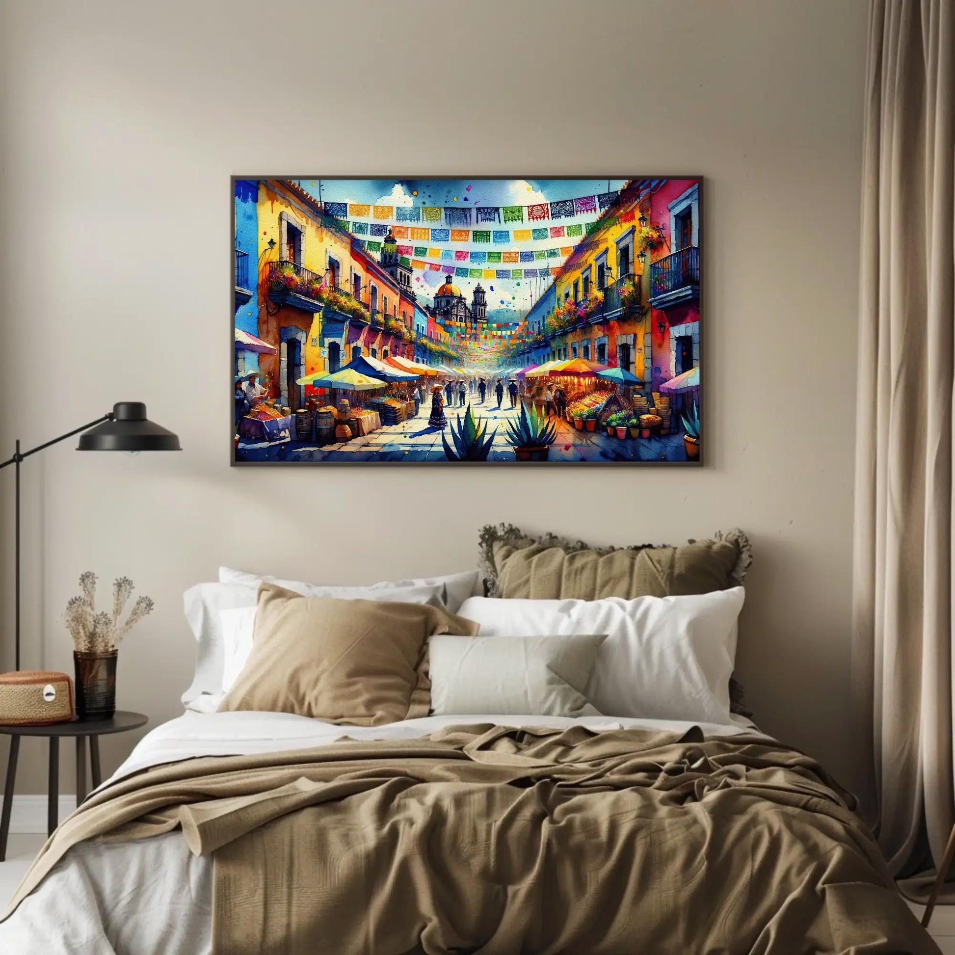 Mexican Street Scene , Traditional Pueblo canvas wall art shown above a bed