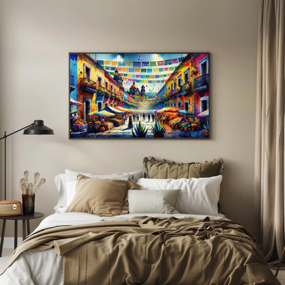 Mexican Street Scene , Traditional Pueblo canvas wall art shown above a bed