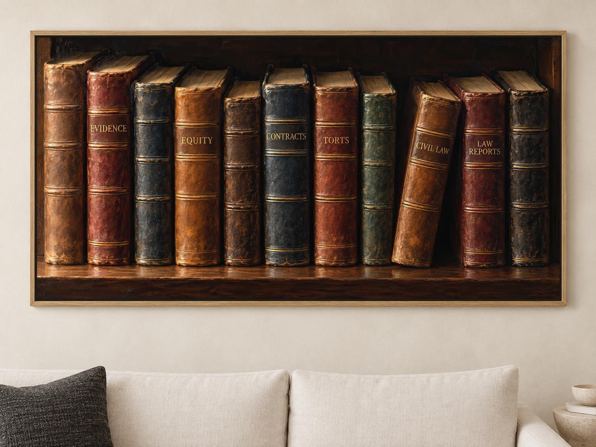 A framed painting of a row of old, leather-bound books on a shelf, with the titles "EQUITY", "CONTRACTS", "TORTIS", "LAW", "REPORTS" visible on the spines.