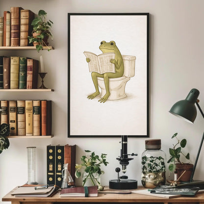 Frog Bathroom canvas wall art shown above a desk