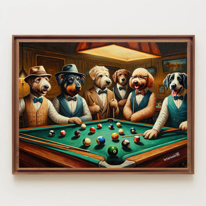 Dogs Playing Pool , Vintage Mancave canvas wall art in green tones
