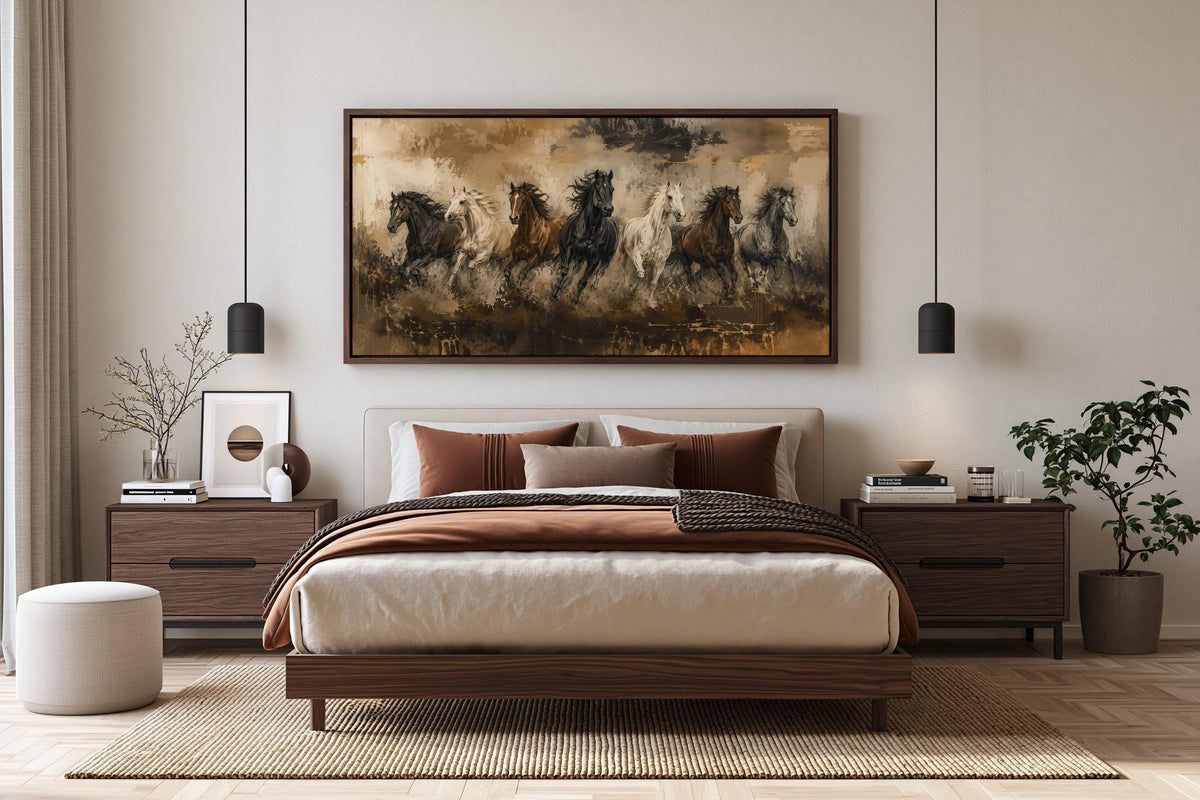Seven running horses canvas wall art, modern bedroom with a large bed, wooden furniture, and a painting of horses on the wall