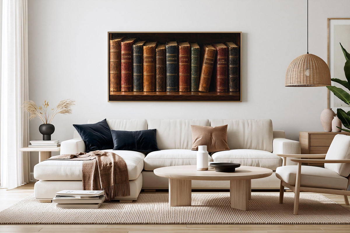 a cozy living room with a white sofa, a round coffee table, and a bookshelf filled with books. The bookshelf has a variety of books in different colors and sizes, creating a visually appealing display. The room is decorated with a wicker pendant light, a vase, and a plant, adding to the overall aesthetic.