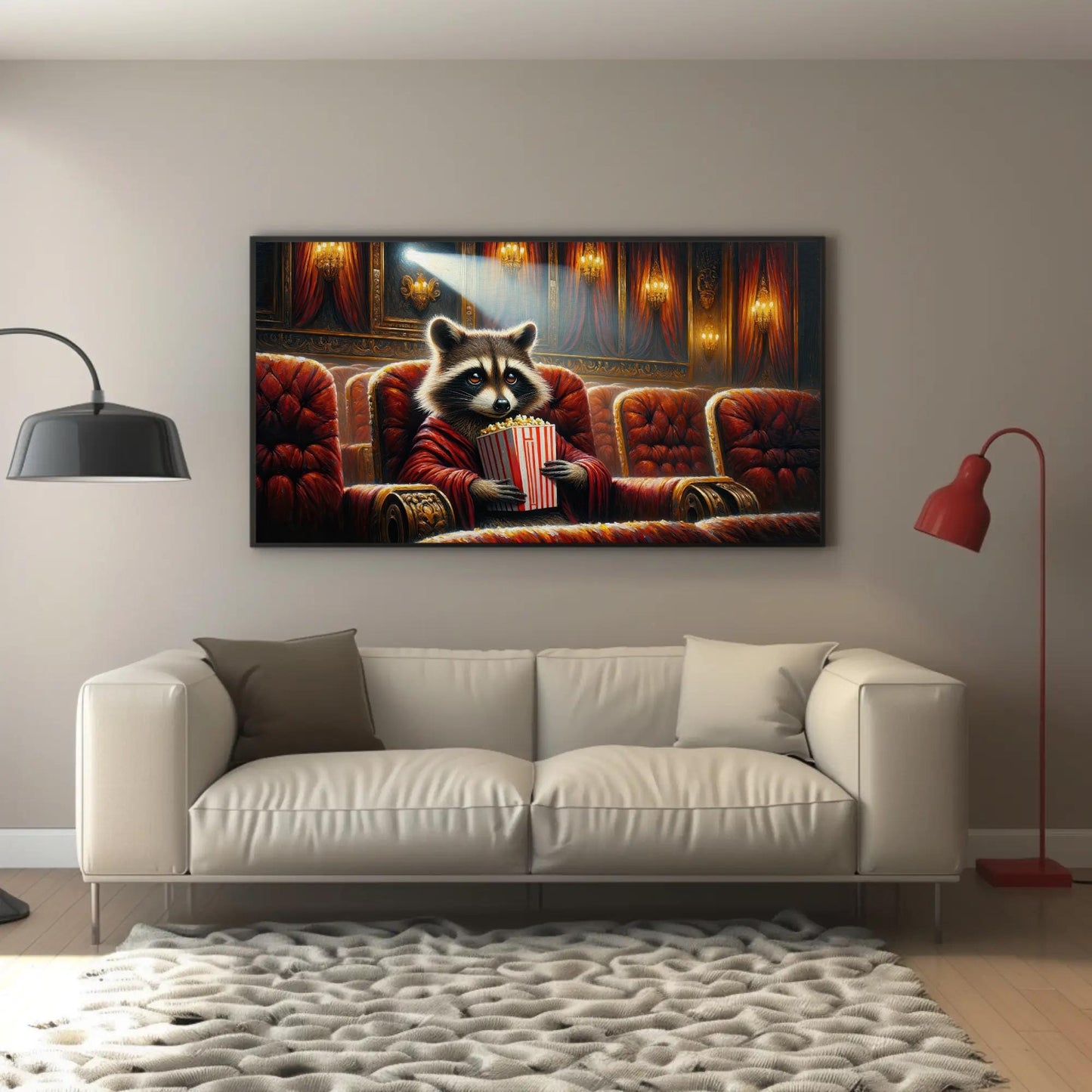 Raccoon canvas wall art shown above a sofa (view 3)