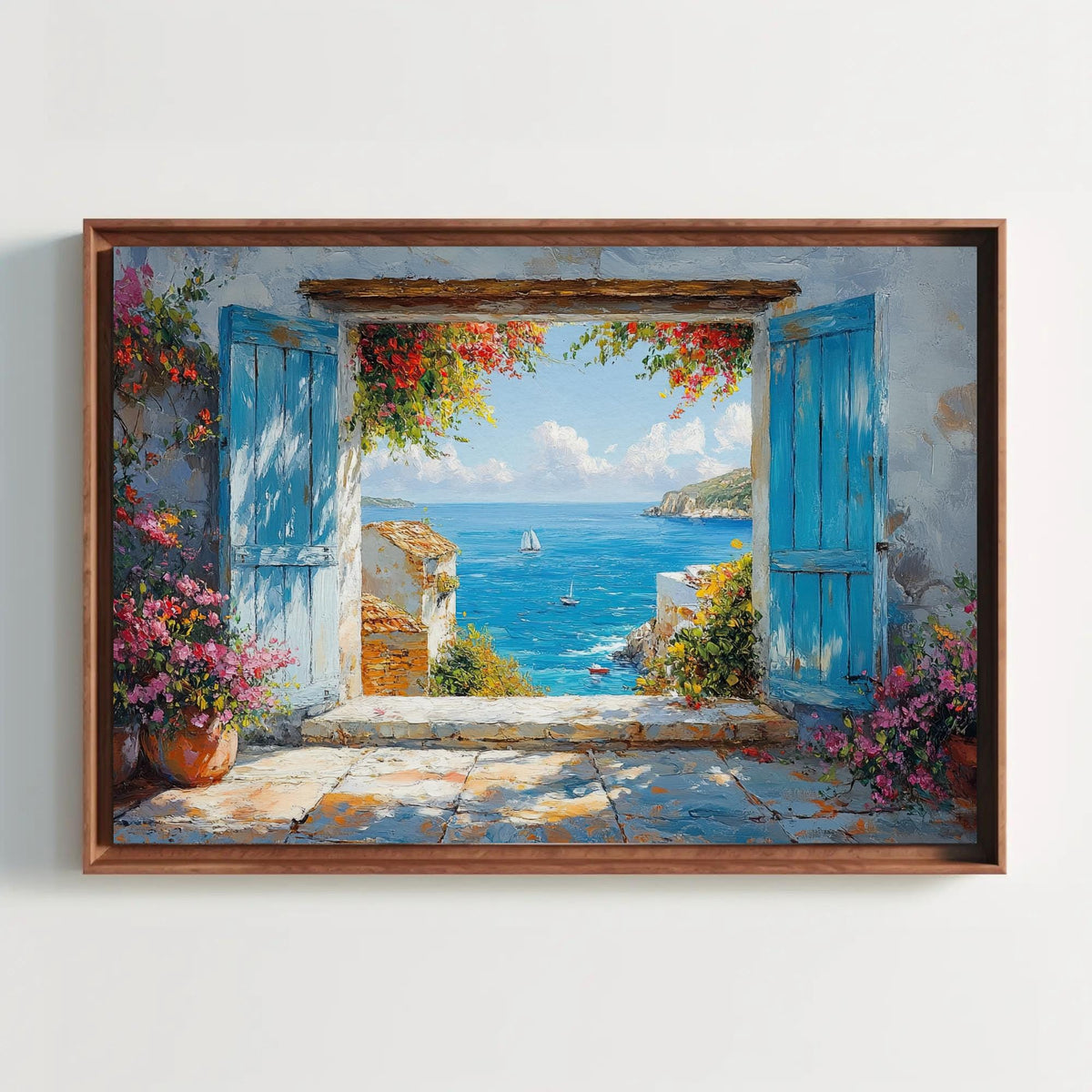 Santorini window view canvas wall art, blue shutters open onto a Mediterranean sea with sailboats