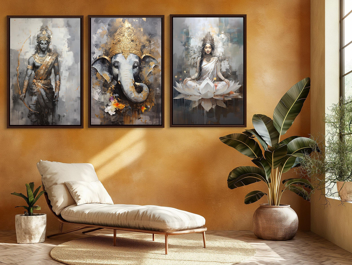 Hindu Deities Canvas Set of 3, Ganesh Ram Lakshmi Pooja Art