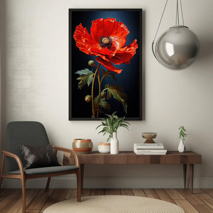 Red poppy on navy canvas wall art, large, vibrant red flower in a black frame, hanging on a wall above a wooden table with