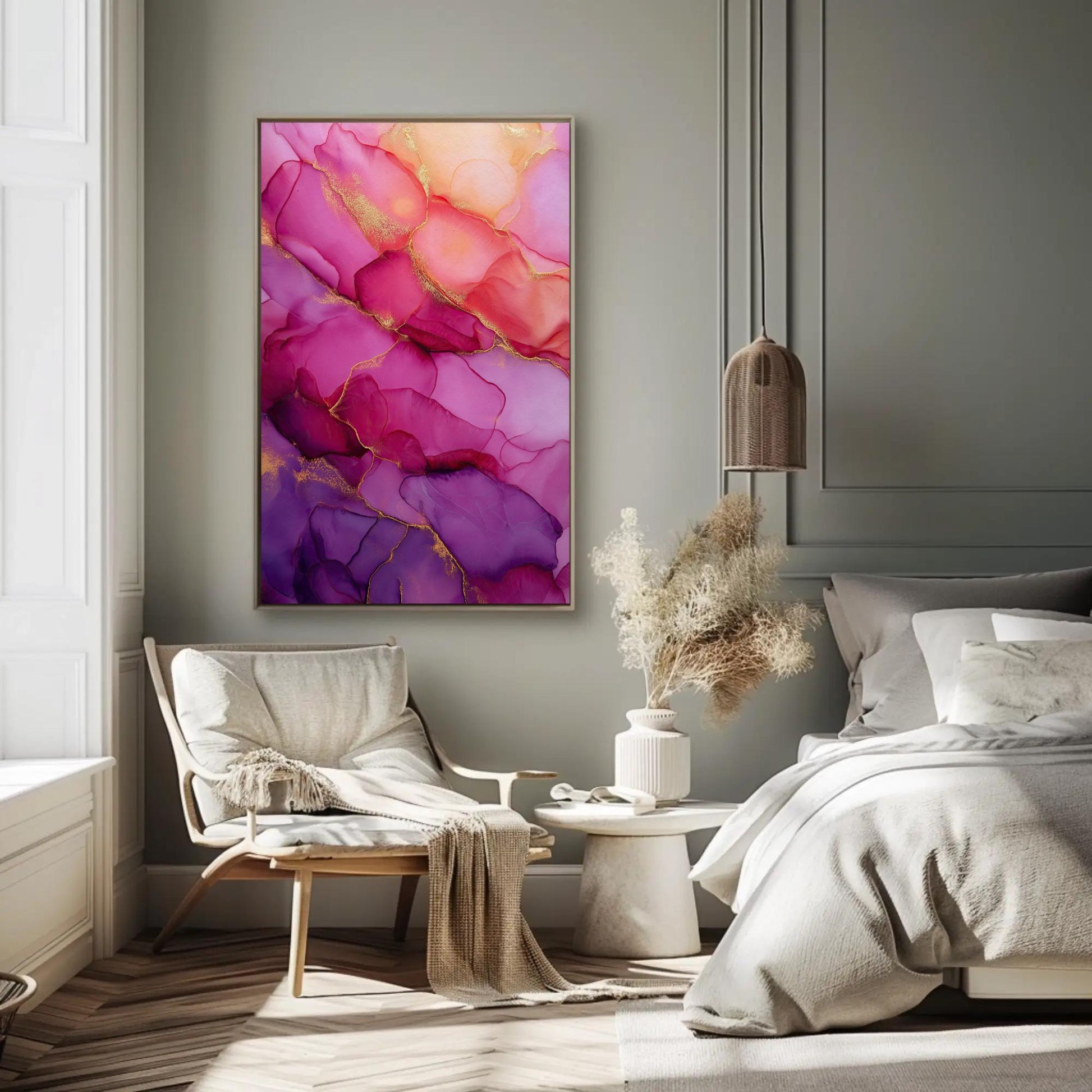 Abstract Alcohol Ink Art – Large Pink Purple Artwork | Gold Accent Canvas Print - Antarmada