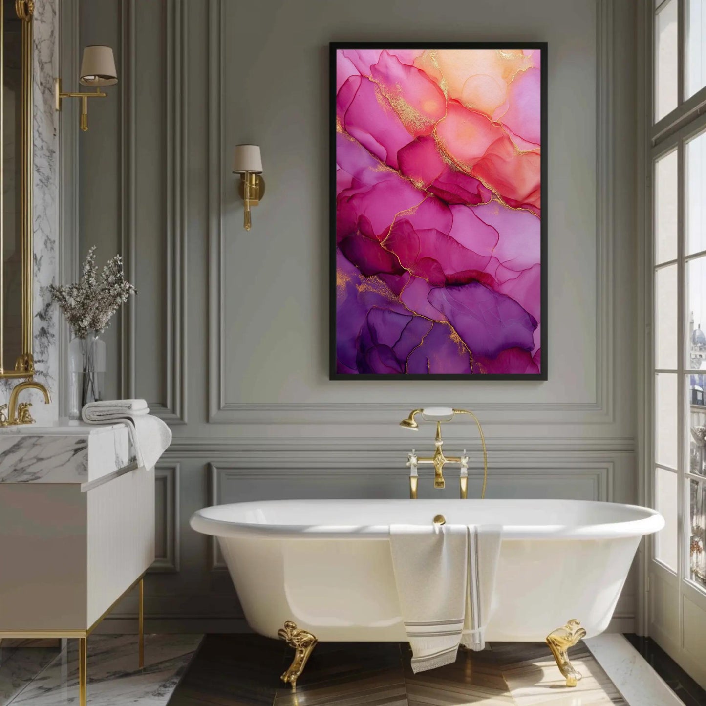 Abstract Alcohol Ink Art – Large Pink Purple Artwork | Gold Accent Canvas Print - Antarmada