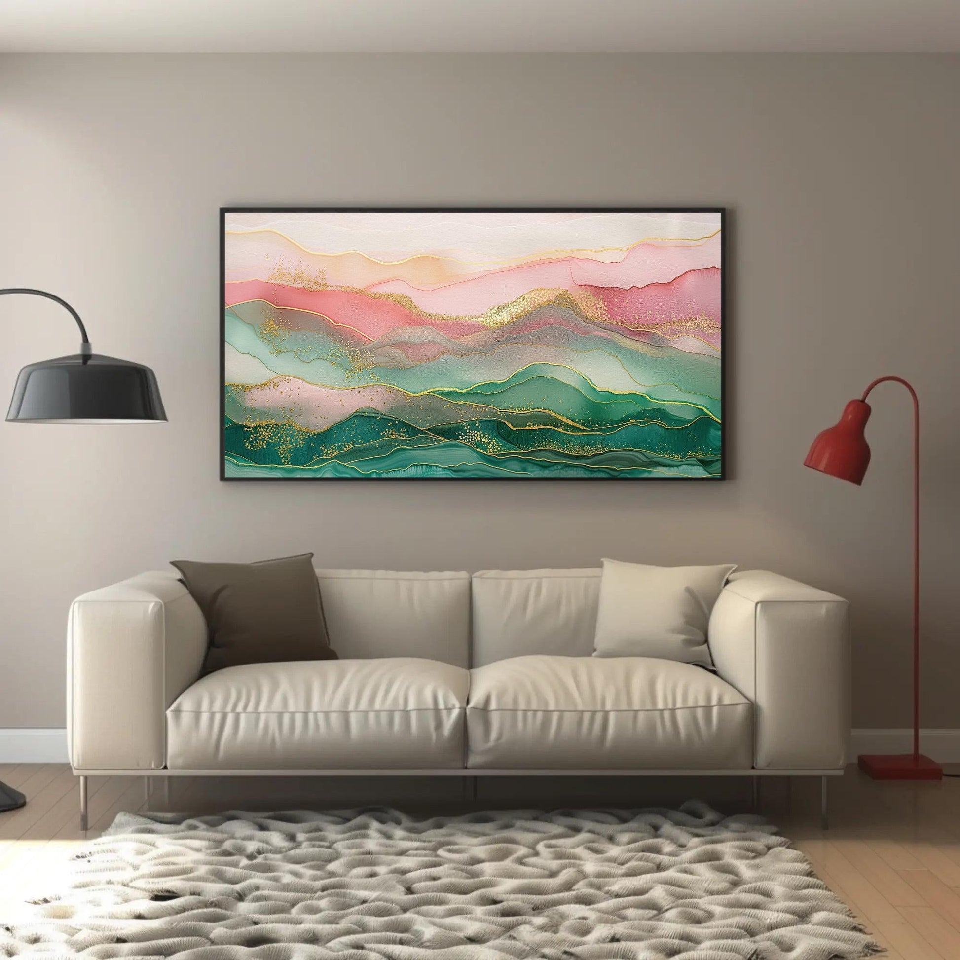 Abstract Mountain Canvas Art – Pink Green Wall Decor | Ready to Hang Landscape - Antarmada