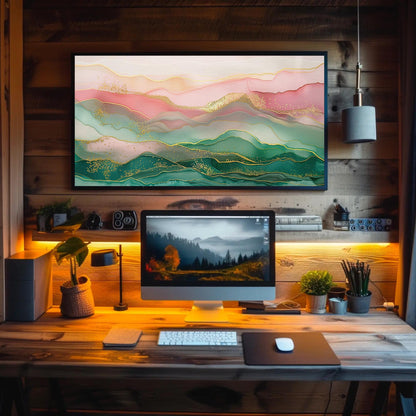 Abstract Mountain Canvas Art – Pink Green Wall Decor | Ready to Hang Landscape - Antarmada