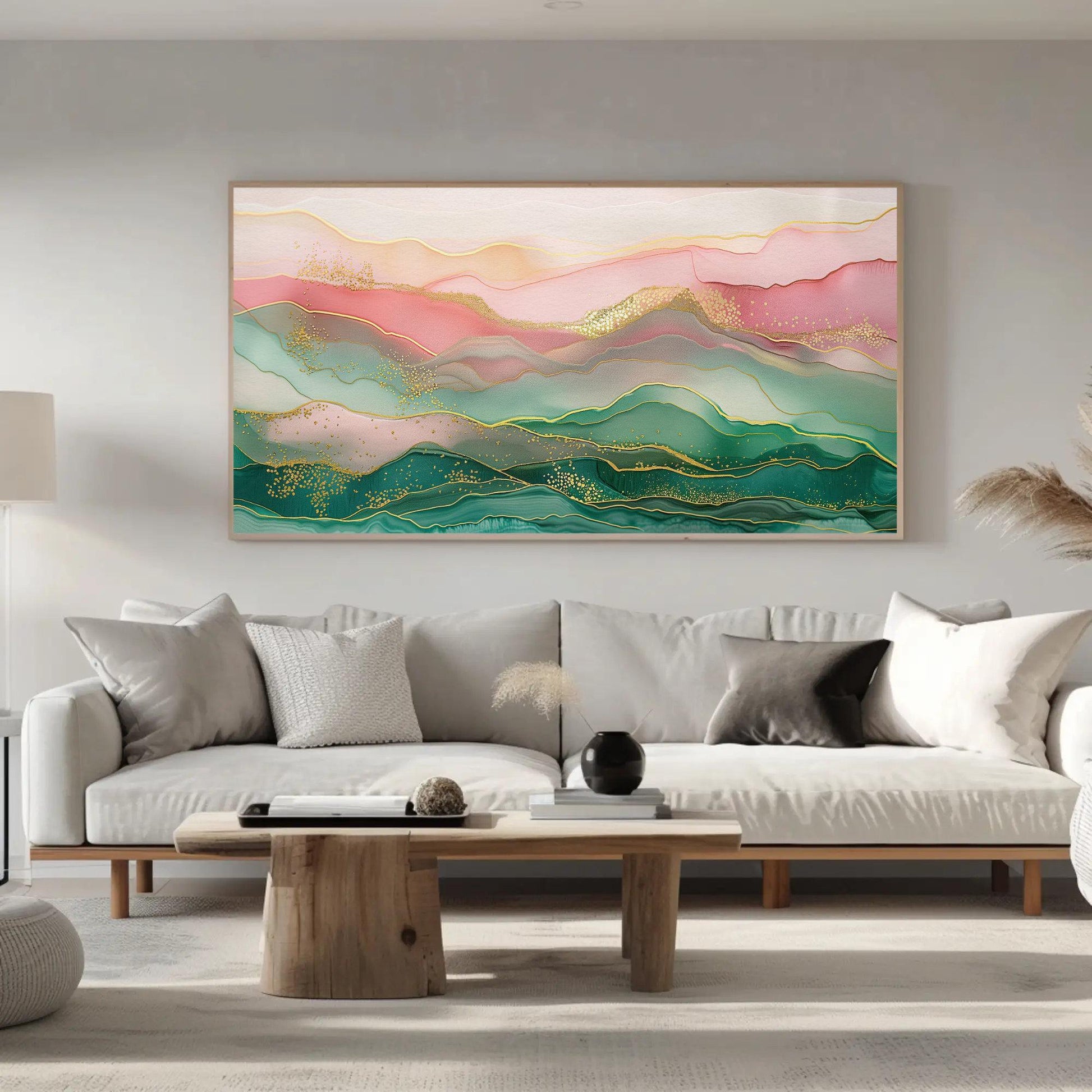 Abstract Mountain Canvas Art – Pink Green Wall Decor | Ready to Hang Landscape - Antarmada