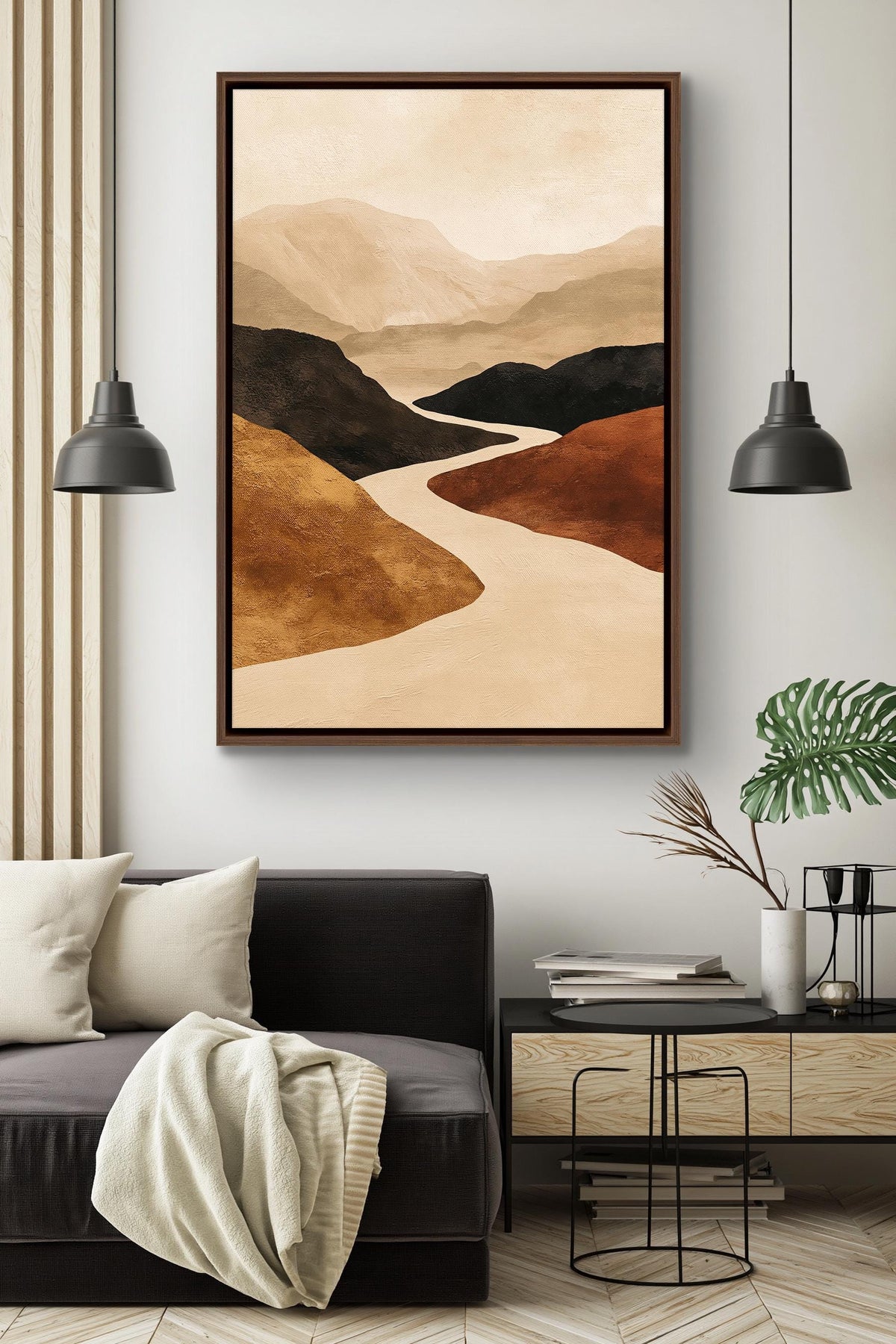 Abstract Mountain Wall Art, Winding River Canvas, Terracotta Ochre - Antarmada