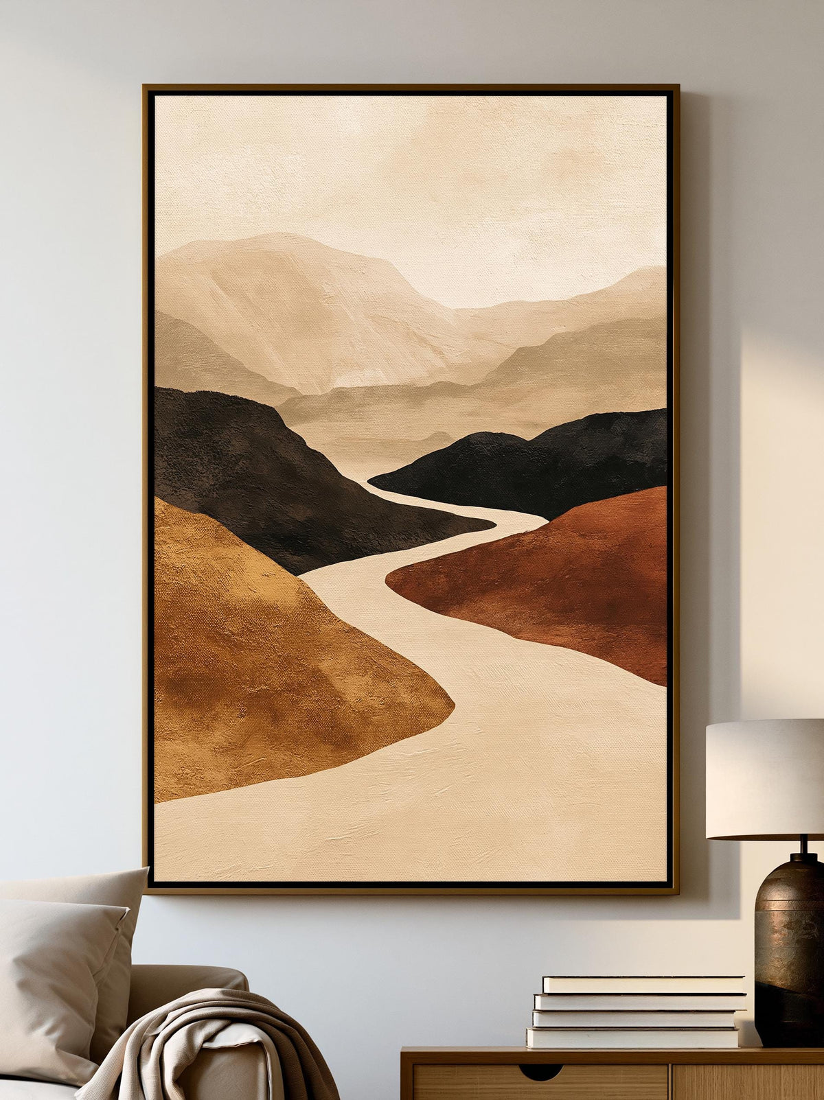Abstract mountain river canvas wall art, Abstract Mountain Wall Art, Winding River Canvas, Terracotta Ochre - Antarmada