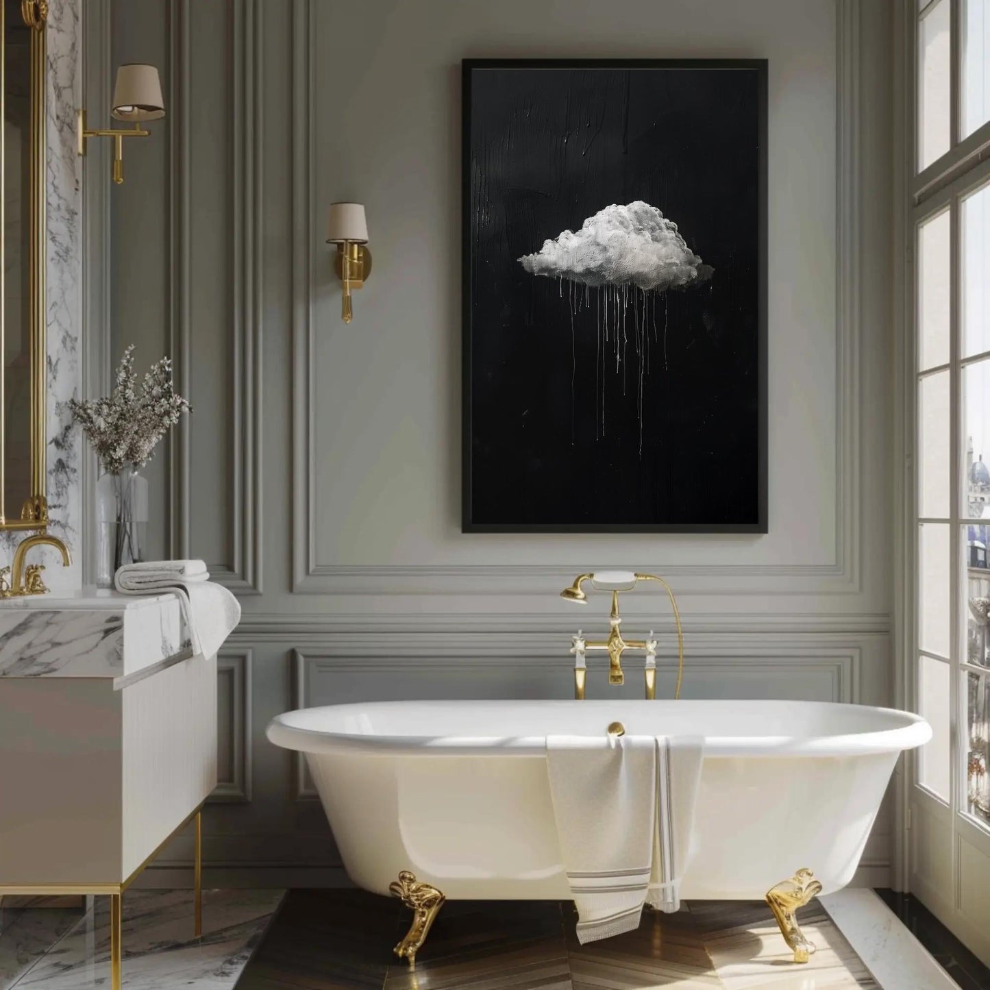 Abstract Rain Cloud Art - Black White Canvas | Moody Drip Style Decor - Antarmada