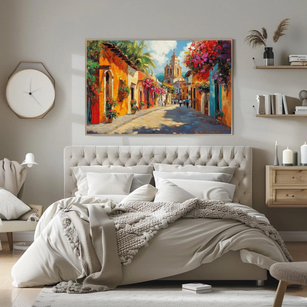 Colorful Mexican street canvas wall art, cozy bedroom with a large bed, a wooden dresser, and a painting of a colorful