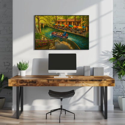 San Antonio River Walk canvas wall art shown above a desk
